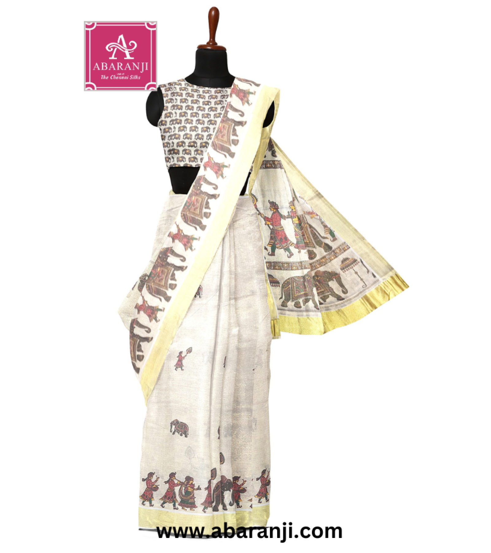 Kerala Tissue Saree With Mural Festival Parasol and Elephant Design